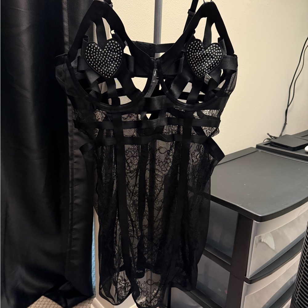 Black Lace Lingerie with Heart Details